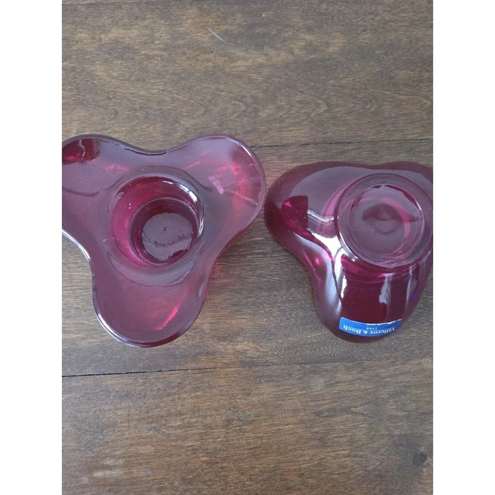 Pair Villeroy & Boch - Clover Trefoil Red Glass Votive Tea‎ Light Candle Holder
